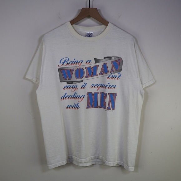 Delta Pro Weight Other - Vintage 90s Being A Woman Funny Slogan Graphic T-Shirt Large White Tee